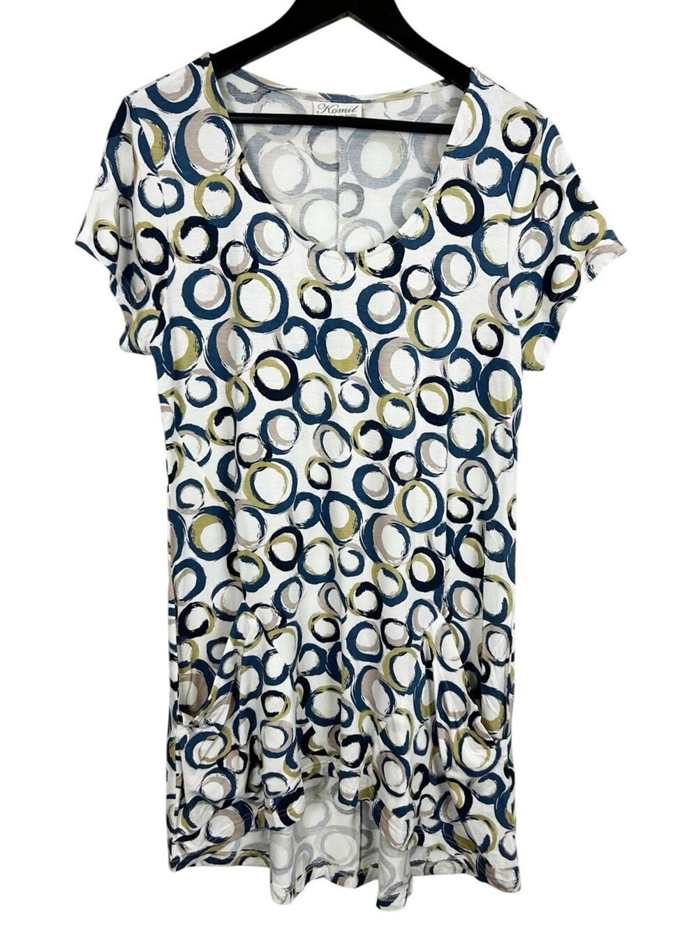 Komil Short Sleeve V-Neck Circle Print Dress Size Medium White/Blue/Olive